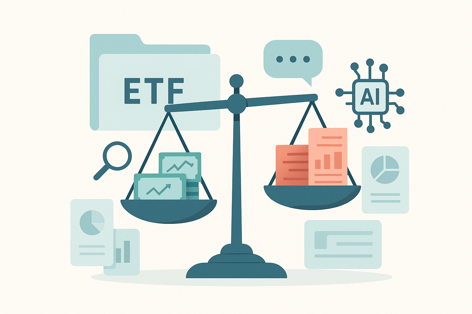 한쪽 기술기업 주식 비중을 줄이고 다른 기술기업 주식 비중을 늘리는 ETF 리밸런싱 과정을 저울과 포트폴리오 카드로 표현한 일러스트