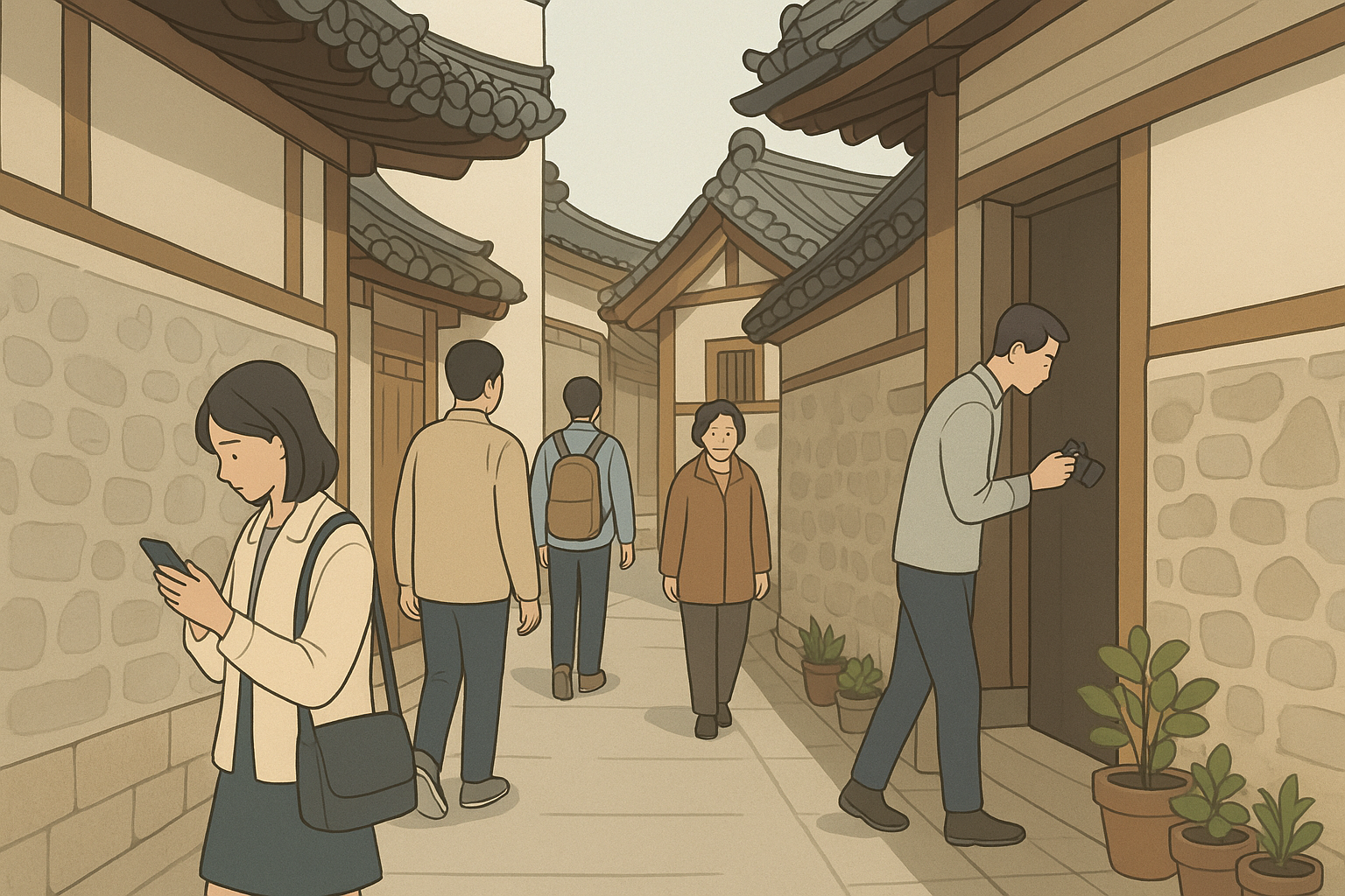 혼잡한 골목에서 보행 공간을 지키고 주변 생활 공간을 배려하며 여행하는 모습을 보여주는 일러스트