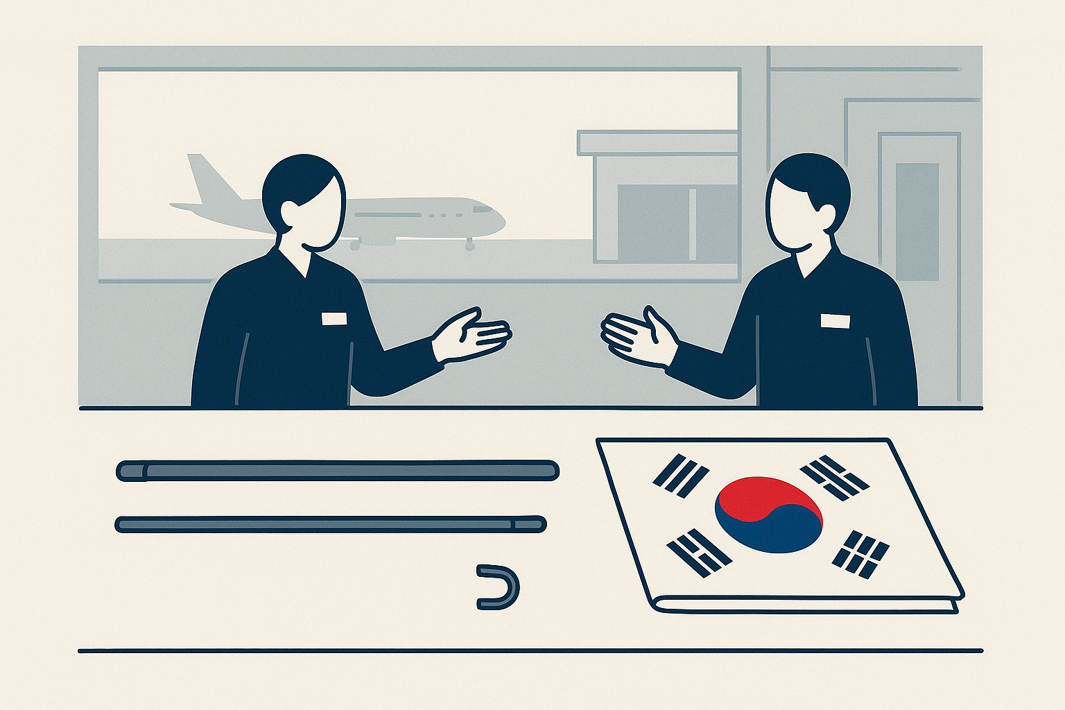 공항 보안 절차와 대표단 상징물 반입 협의의 필요성을 보여주는 개념형 인포그래픽 일러스트